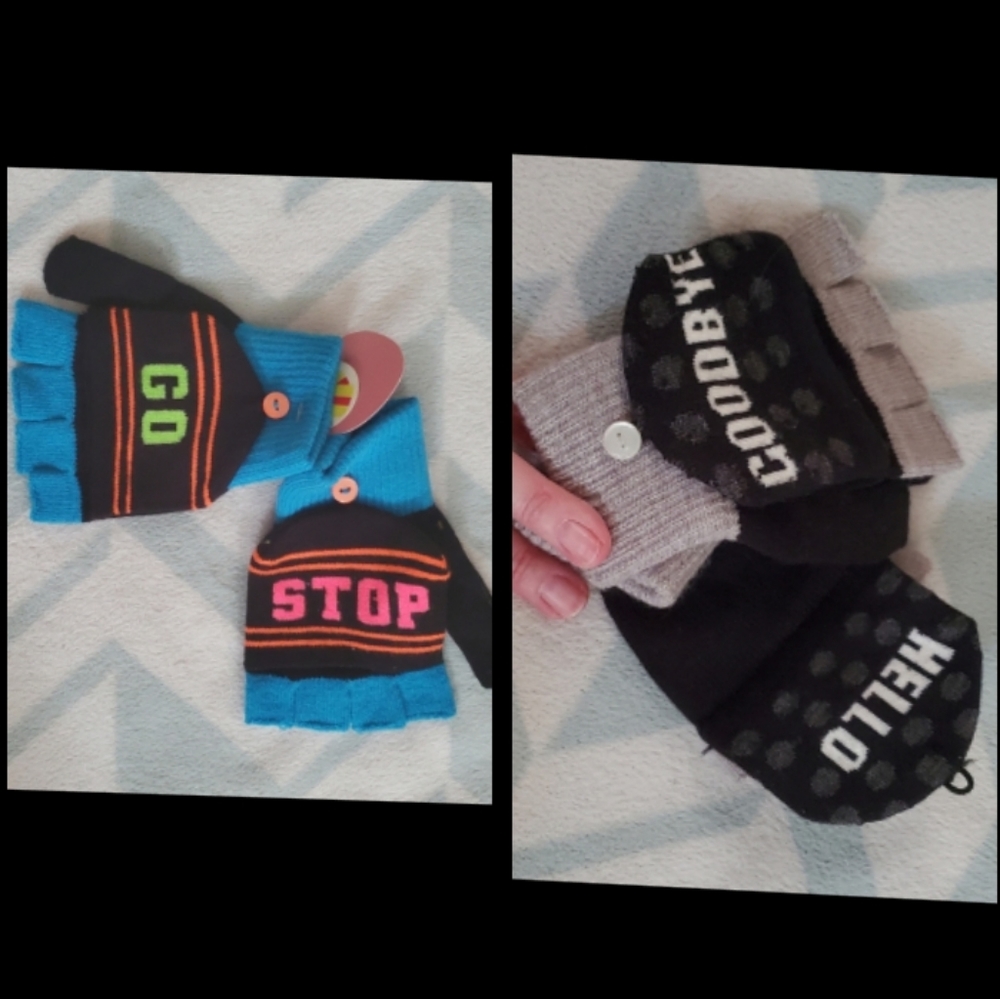 New NWT x2 Lot "Stop/Go" & "Hello/Goodbye" Fingerless Gloves w/ Covers.One Size